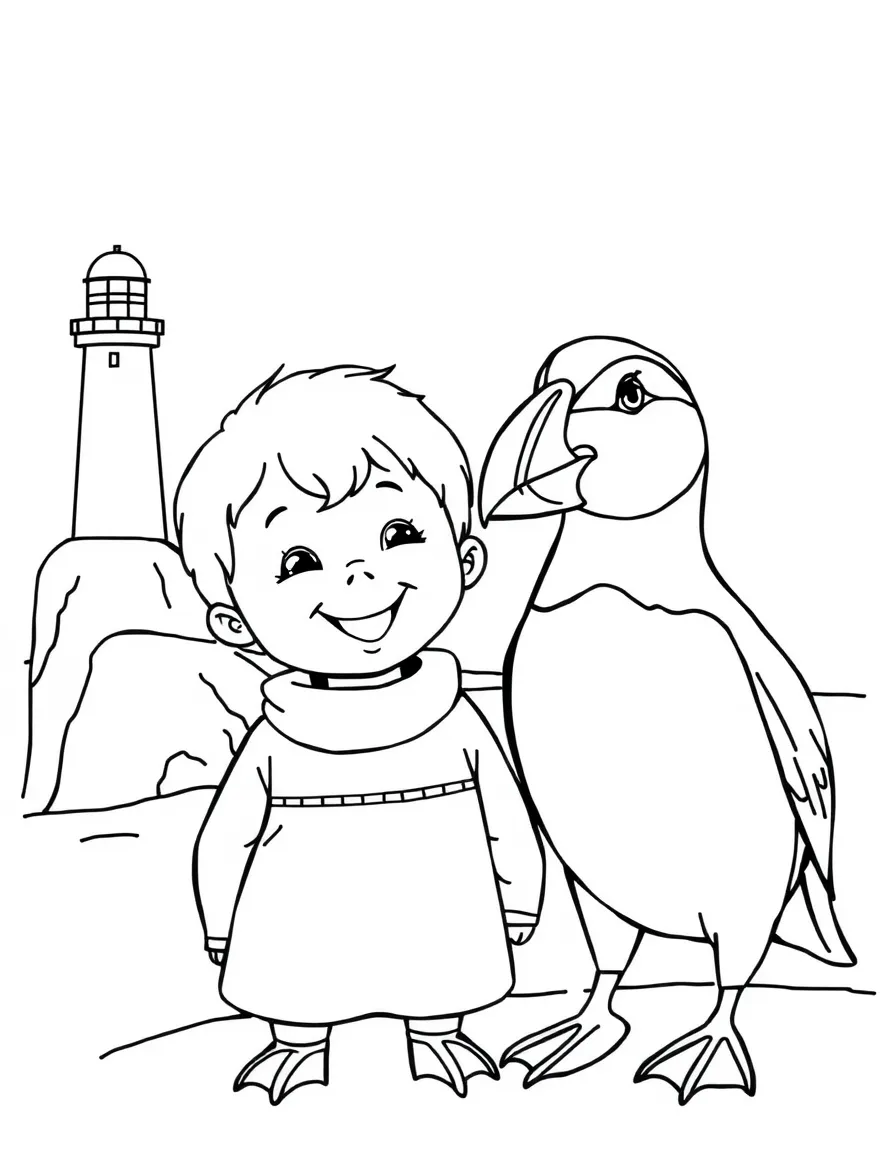 A cheerful child with a puffin bird and a lighthouse for Iceland.