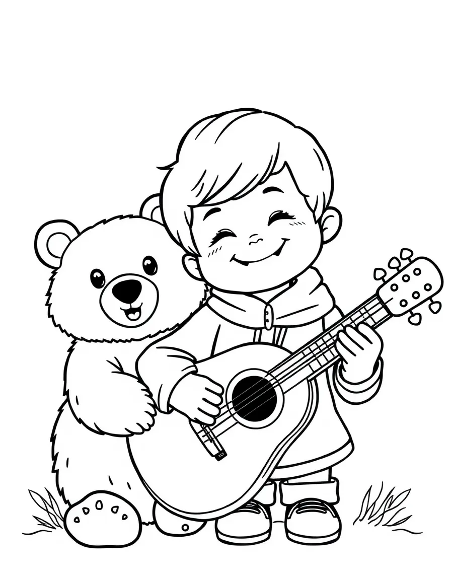 A smiling child with a balalaika and a bear for Russia.