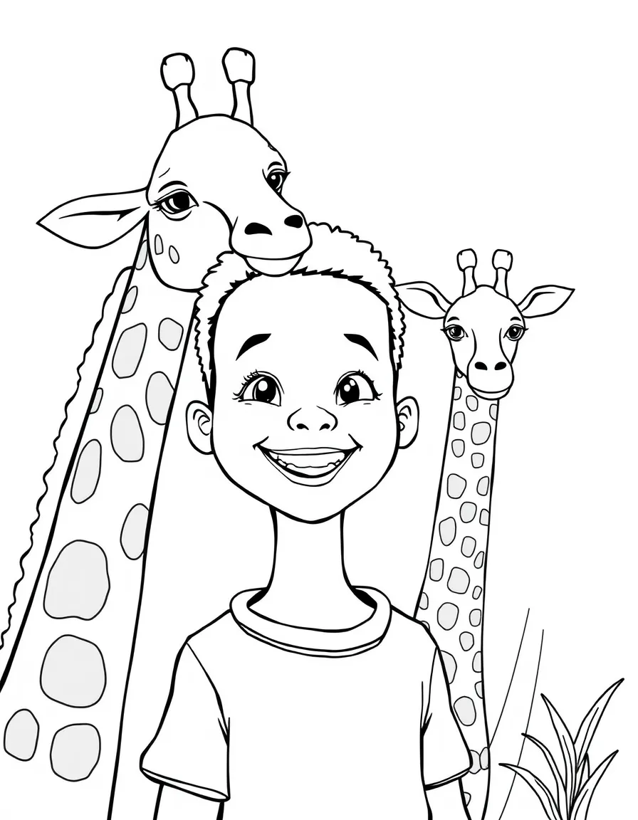 A smiling child seeing giraffes for Kenya.