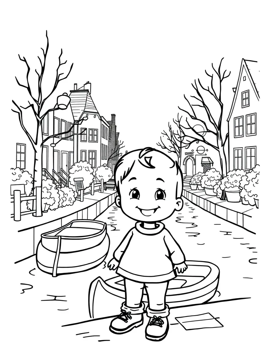 A cheerful child near a canal with a small boat for Netherlands.