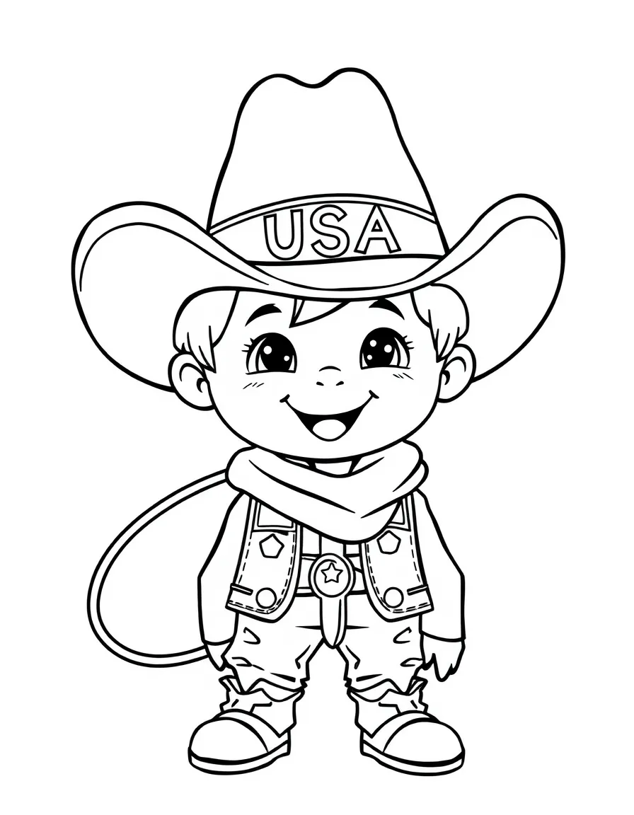 A smiling child with a cowboy hat and a lasso for USA.