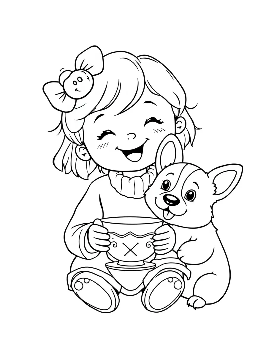 A cheerful child with a teacup and a corgi dog for United Kingdom.