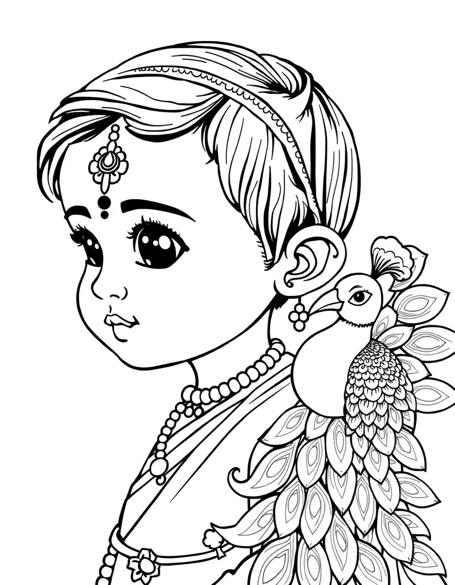 A child with a bindi and a peacock for India.