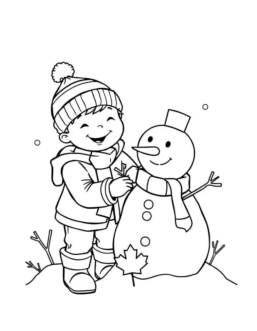 A smiling child building a snowman for Canada.