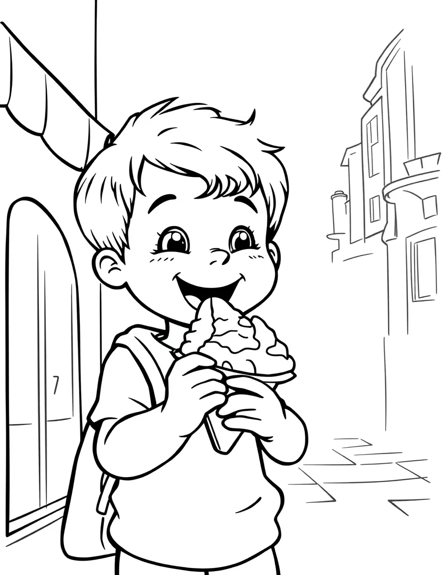 A cheerful child enjoying gelato for Italy.