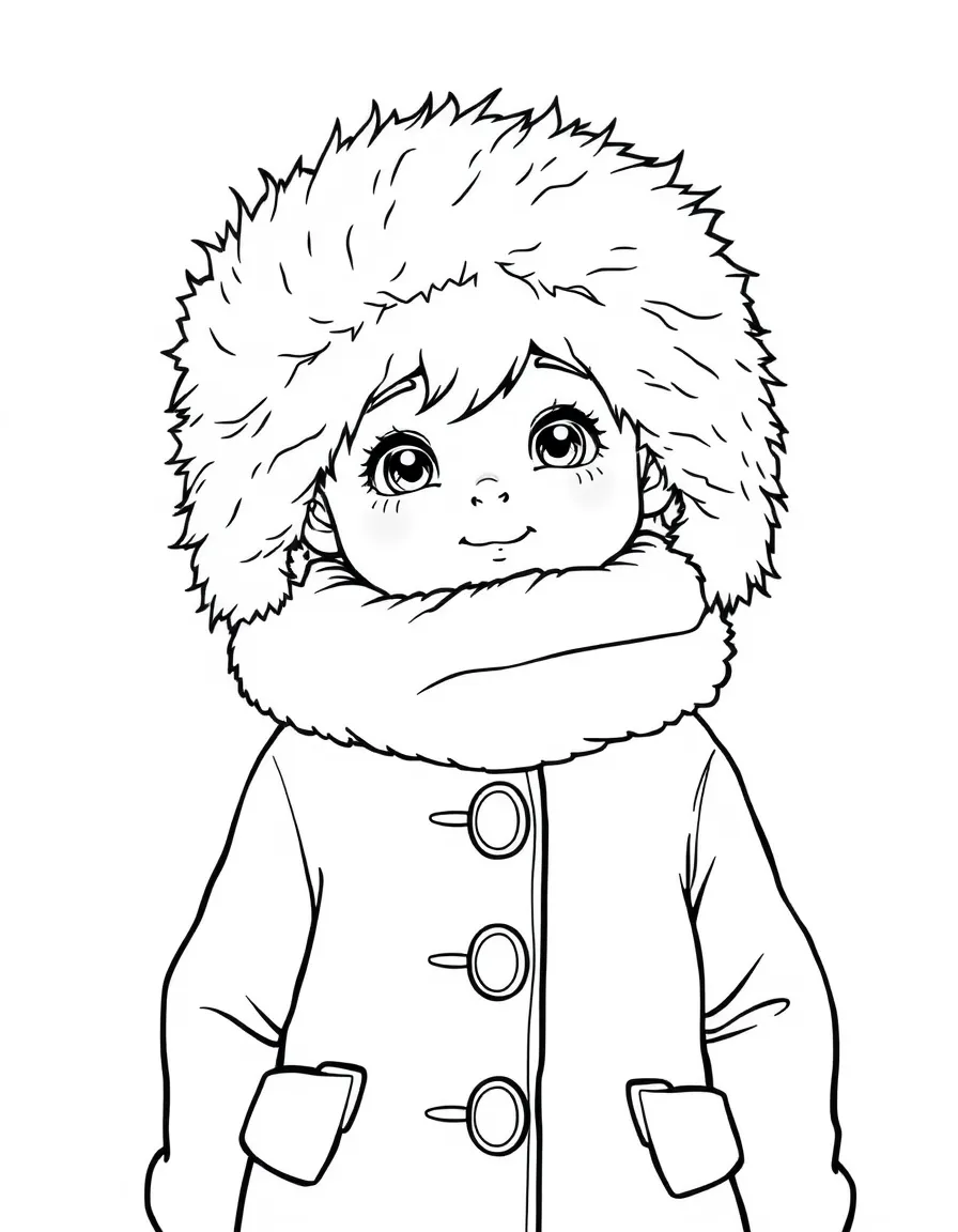 A child with a fur hat and a big coat for Russia.
