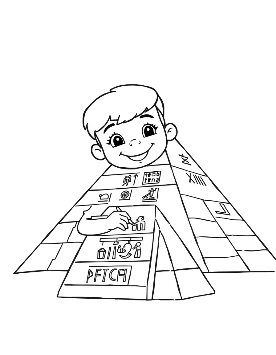 A smiling child drawing hieroglyphs on a pyramid for Egypt.
