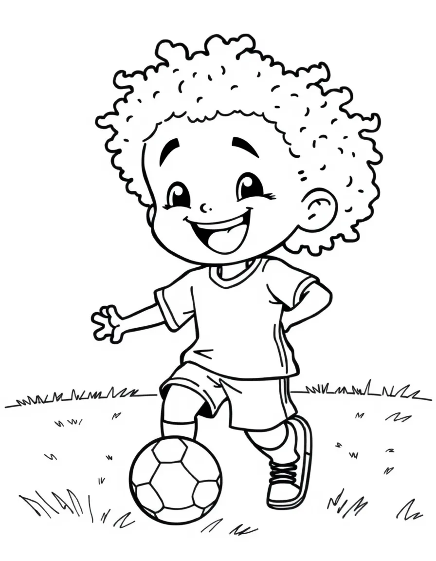 A happy child playing soccer on a vibrant green field for Brazil.
