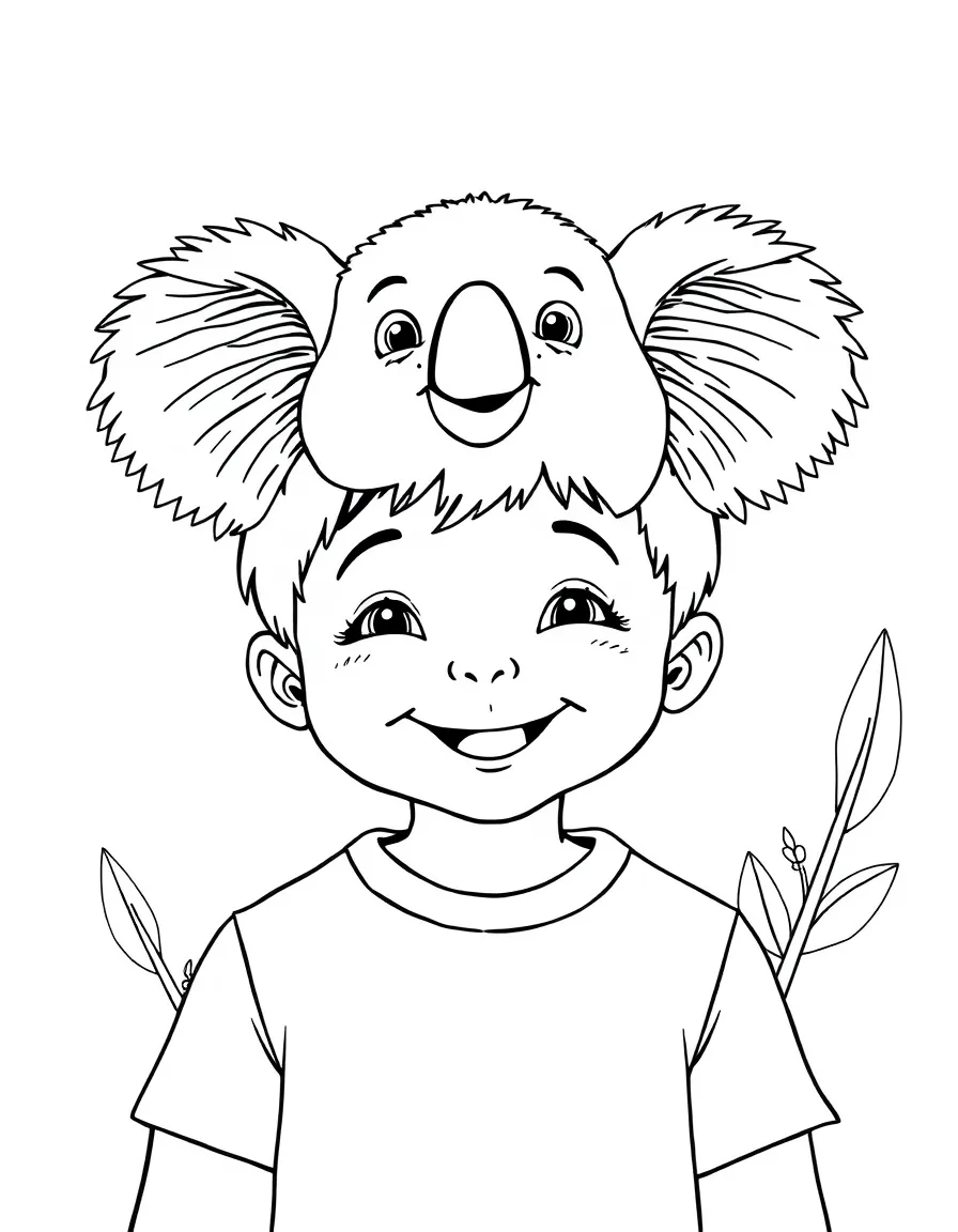 A cheerful child holding a koala on their head for Australia.