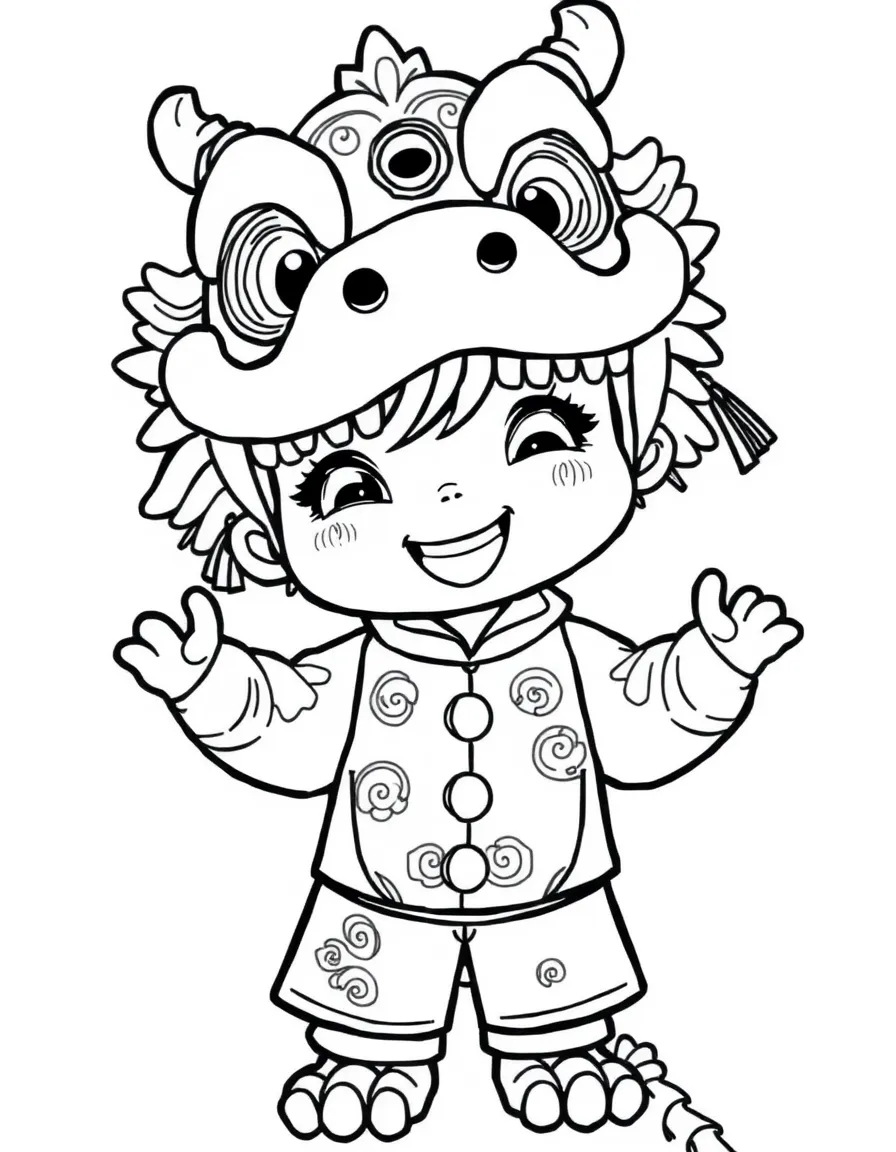 A smiling child with a Chinese dragon costume for China.