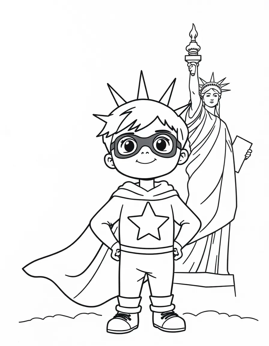 A child with a superhero cape and the Statue of Liberty for USA.