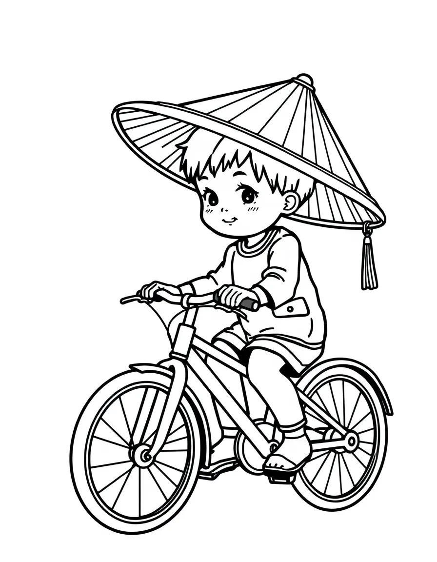 A child with a bicycle and a traditional Vietnamese hat for Vietnam.