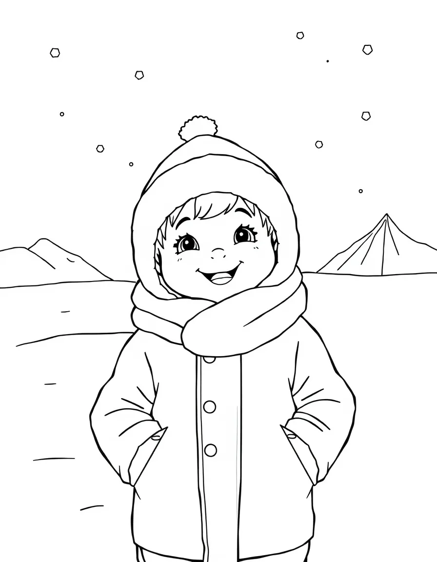 A smiling child bundled up in warm clothes in a snowy landscape for Antarctica.