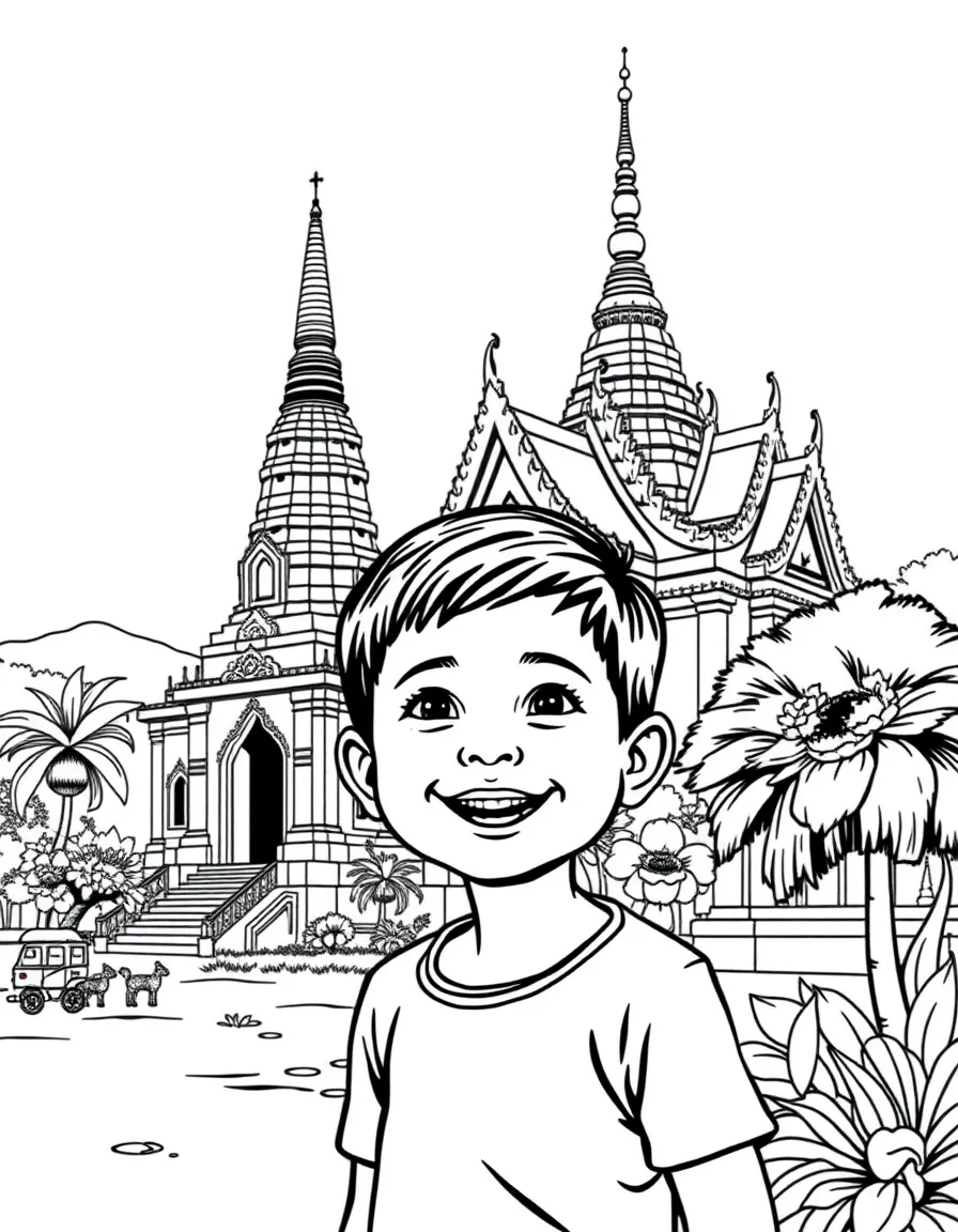 A smiling child near a temple for Thailand.