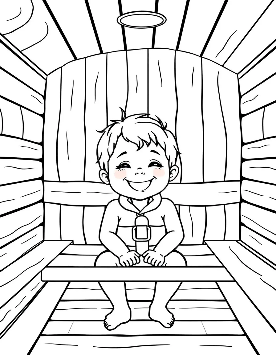 A cheerful child in a sauna for Finland.