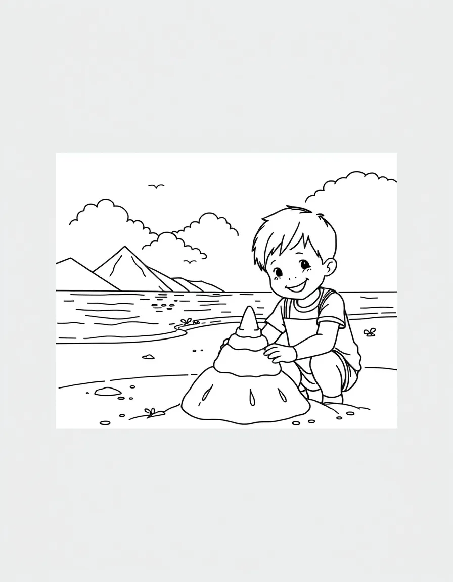 A smiling child building a sandcastle on a beautiful beach in Japan.