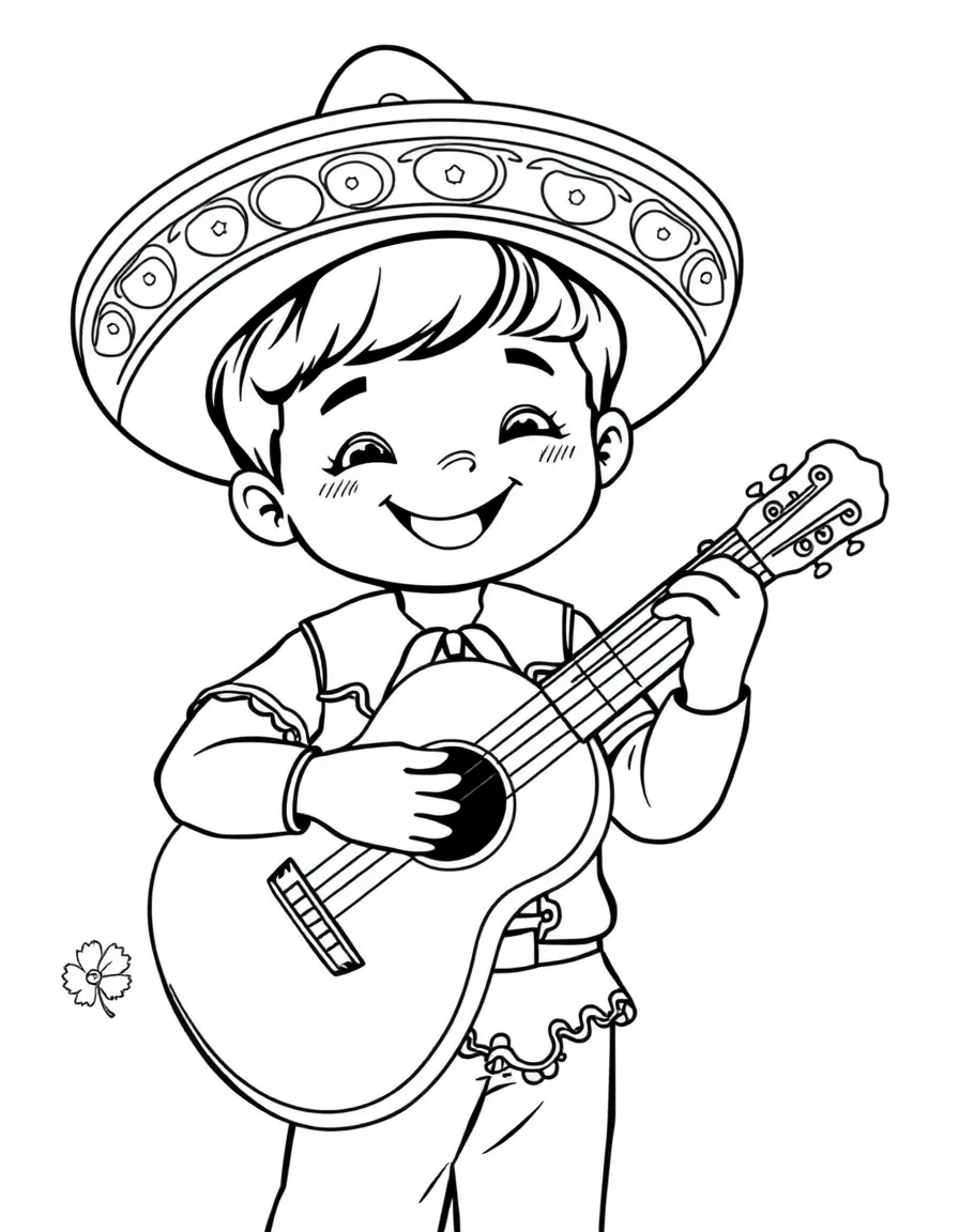 A smiling child playing mariachi music for Mexico.