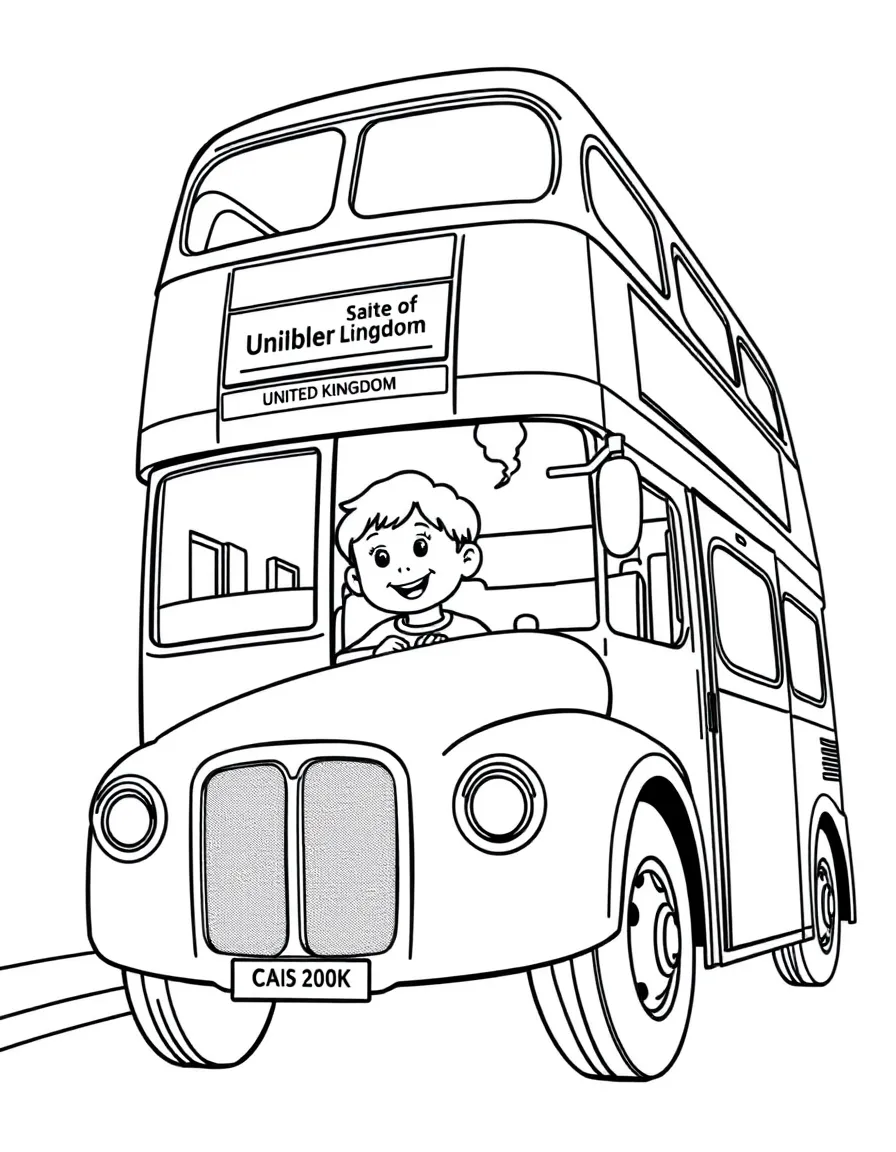 A happy child on a double-decker bus for United Kingdom.