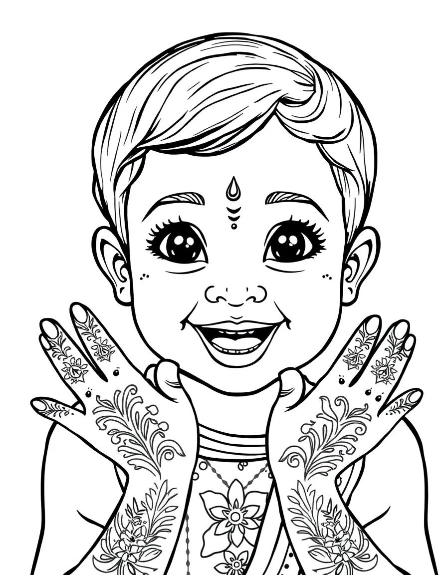 A cheerful child with henna on their hands for India.