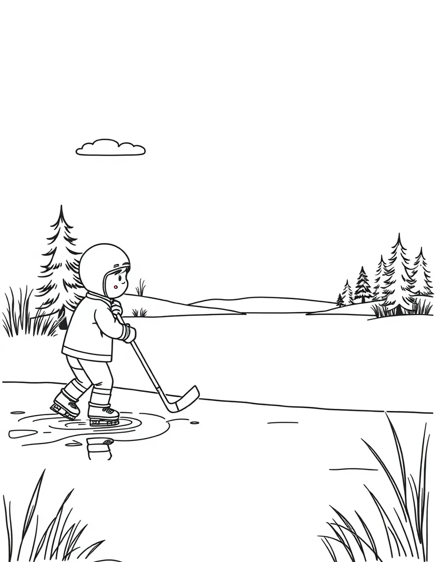 A child playing ice hockey on a pond for Canada.