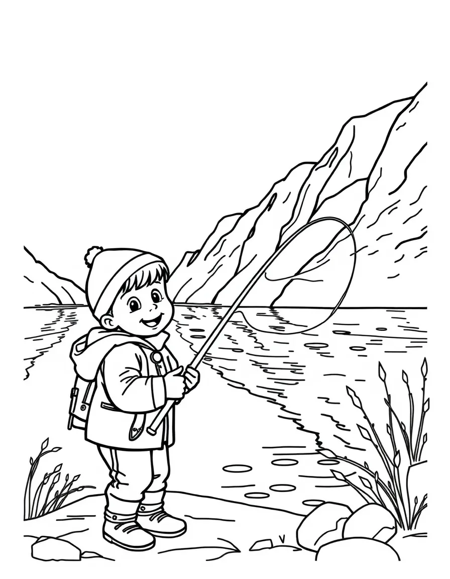 A happy child fishing in a fjord for Norway.