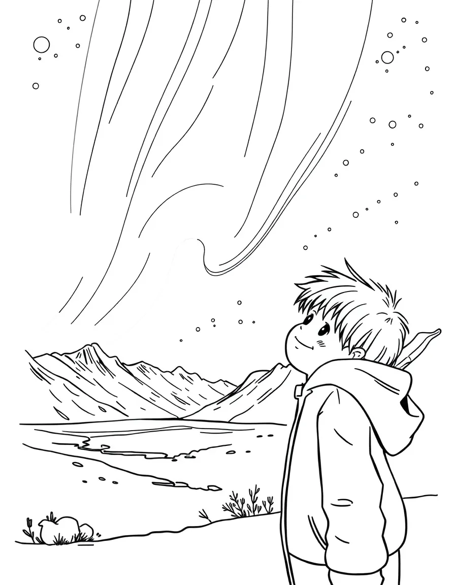 A smiling child admiring the Northern Lights for Iceland.
