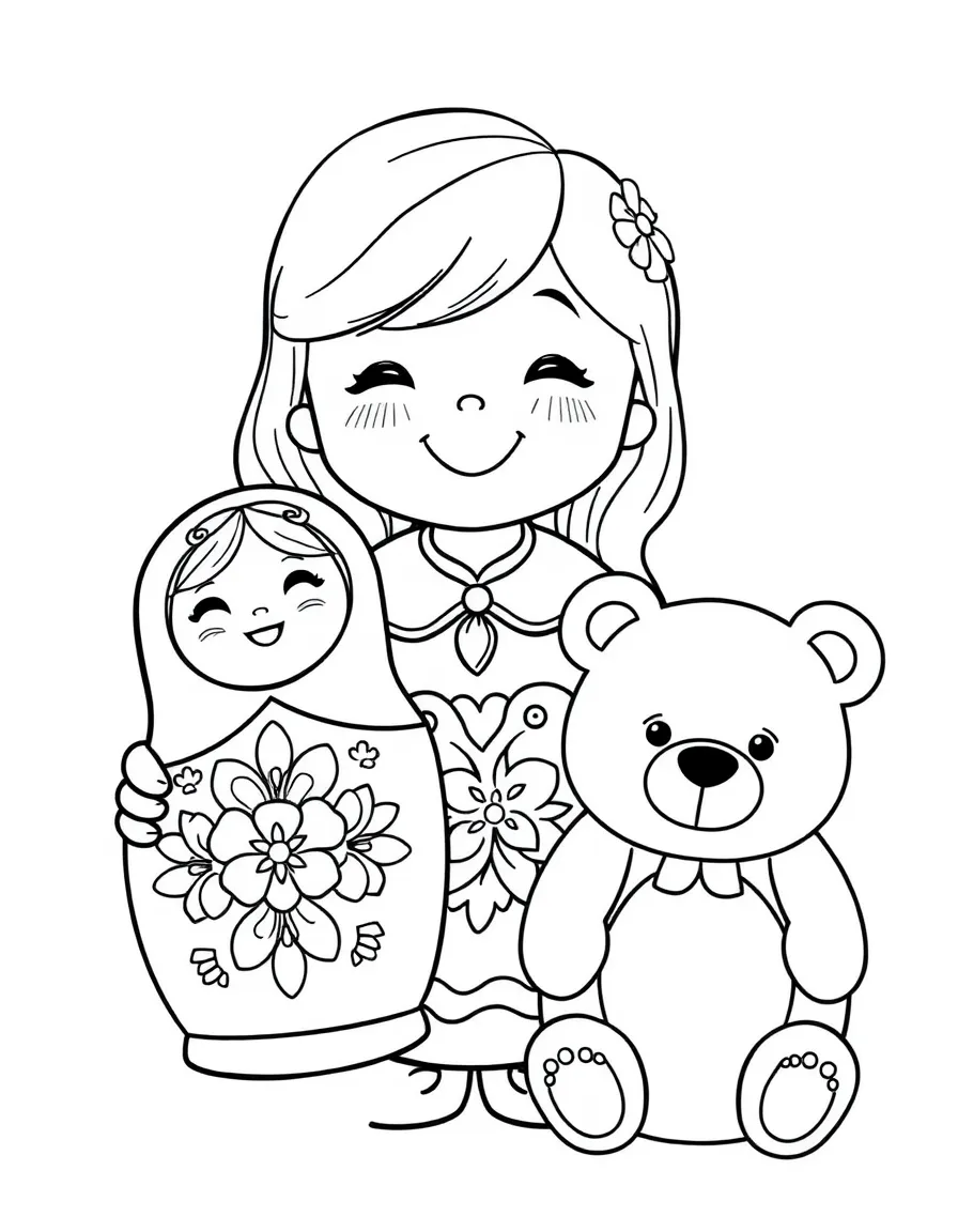 A cheerful child with a Russian nesting doll and a friendly bear for Russia.