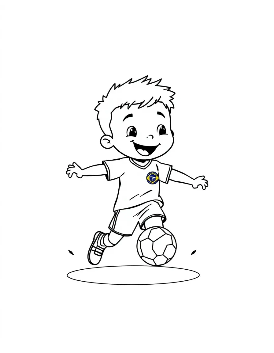 A smiling child playing football for Brazil.