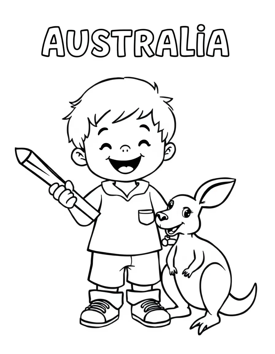 A happy child with a boomerang and a kangaroo for Australia.