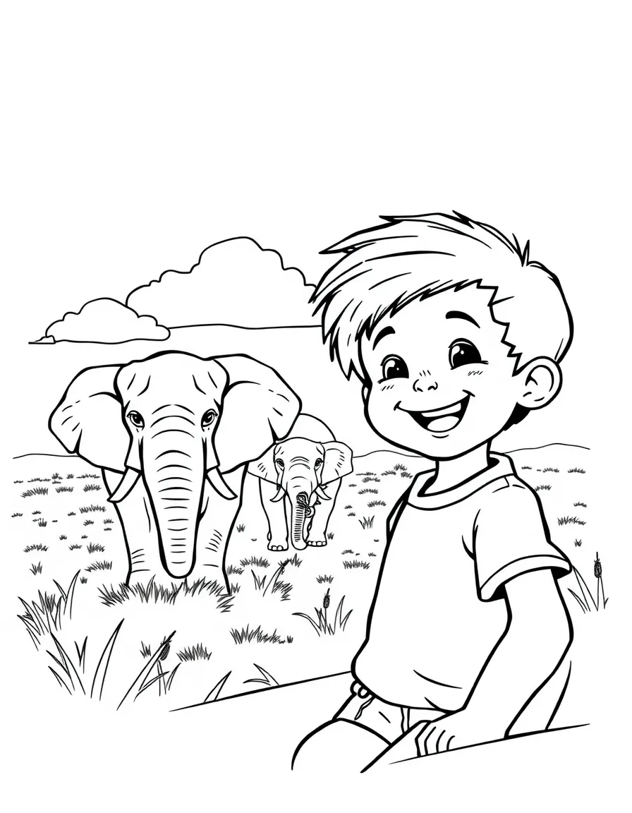 A cheerful child on a safari, looking at elephants for Kenya.