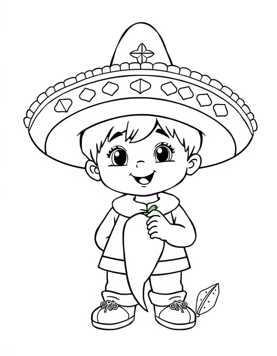 A child with a chili pepper and a sombrero for Mexico.