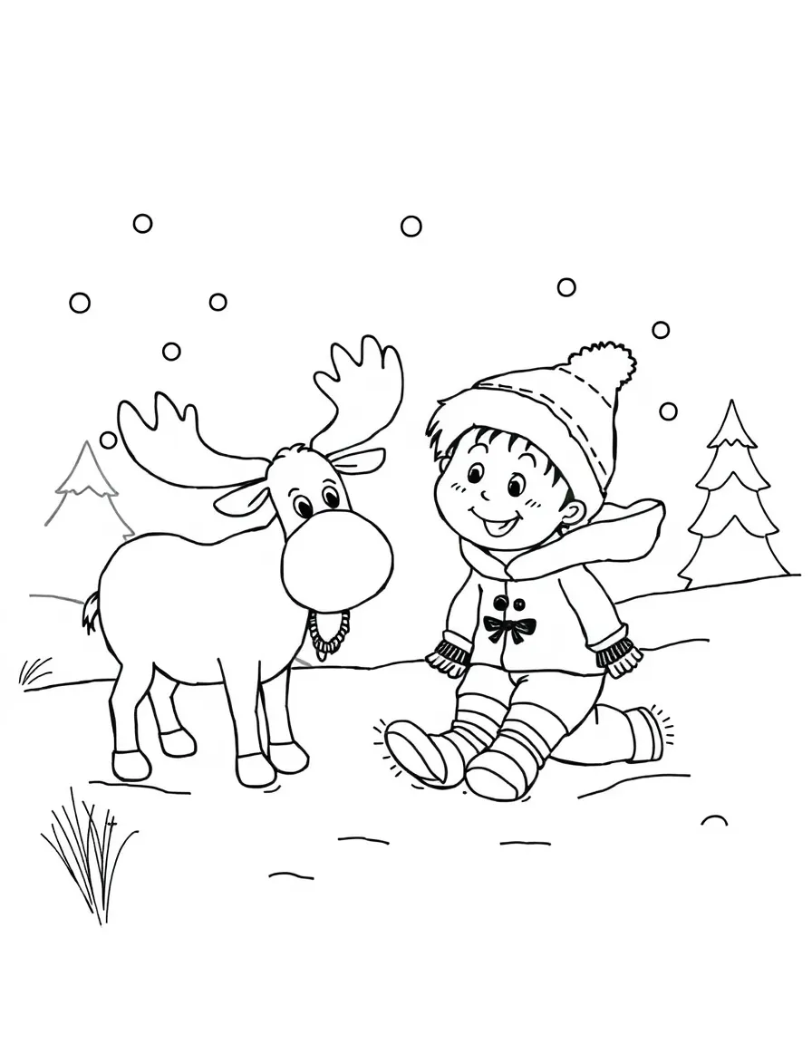 A cheerful child playing in the snow with a moose for Canada.