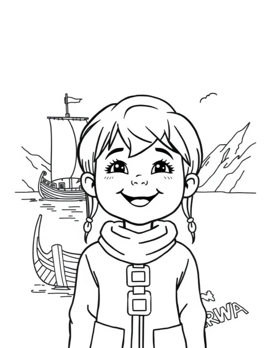 A smiling child with a Viking ship and a fjord in the background for Norway.