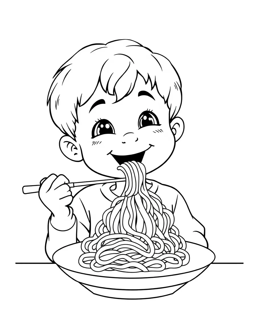 A happy child eating spaghetti for Italy.