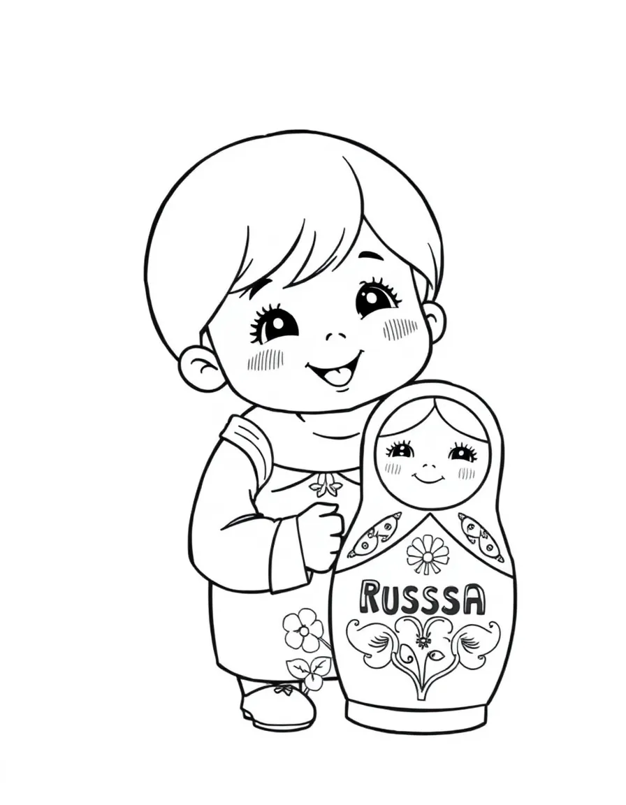 A cheerful child with a Russian nesting doll for Russia.