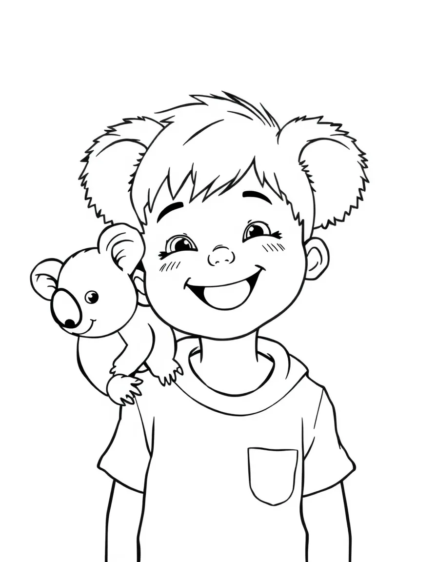 A happy child with a koala on their shoulder for Australia.