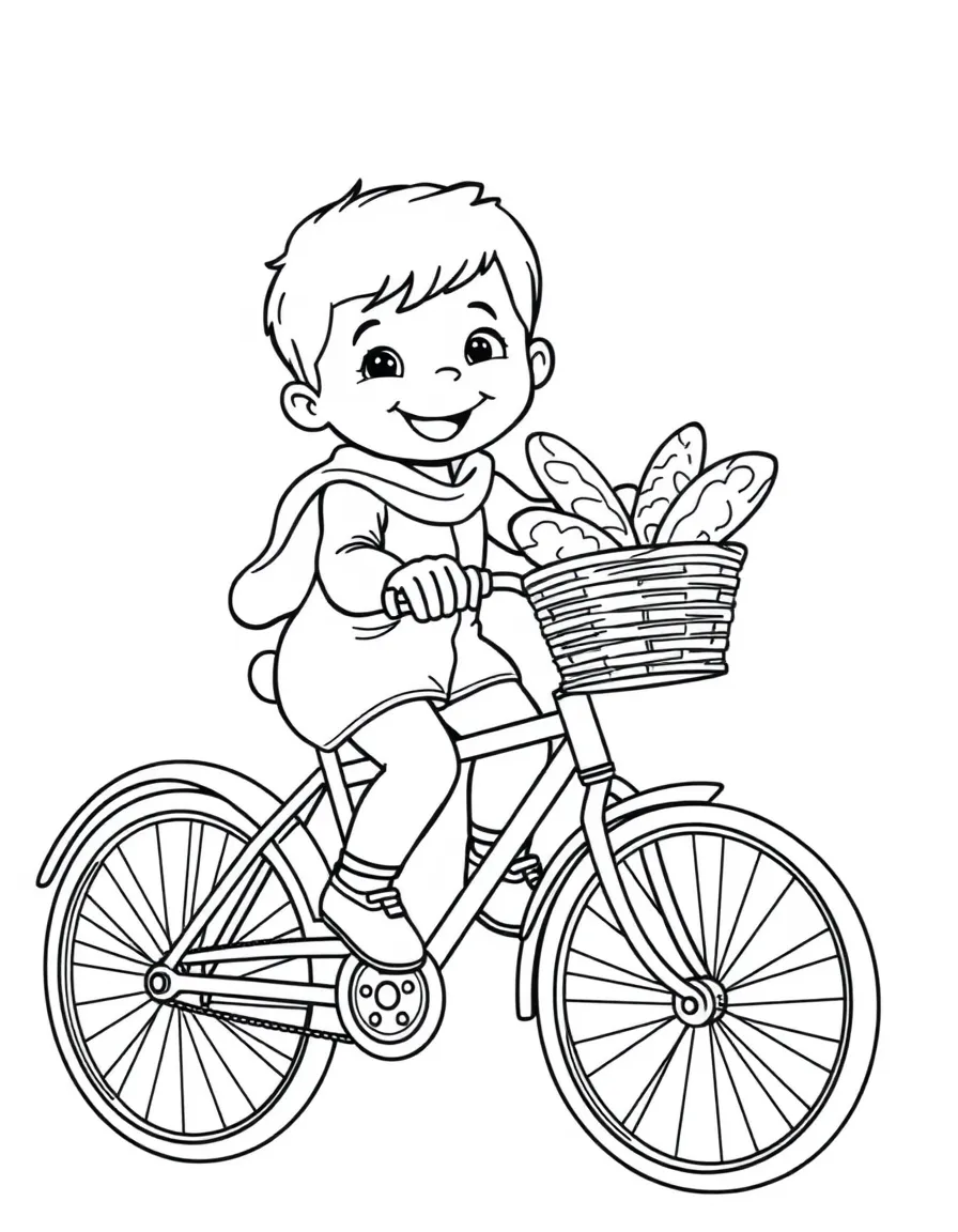 A smiling child riding a bicycle with a basket of bread for Netherlands.