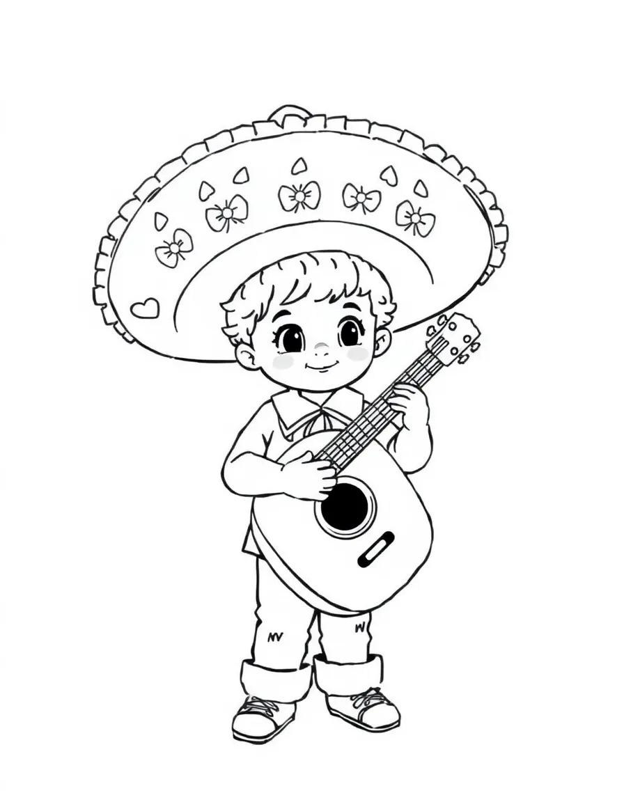 A child with a mariachi hat and a guitar for Mexico.