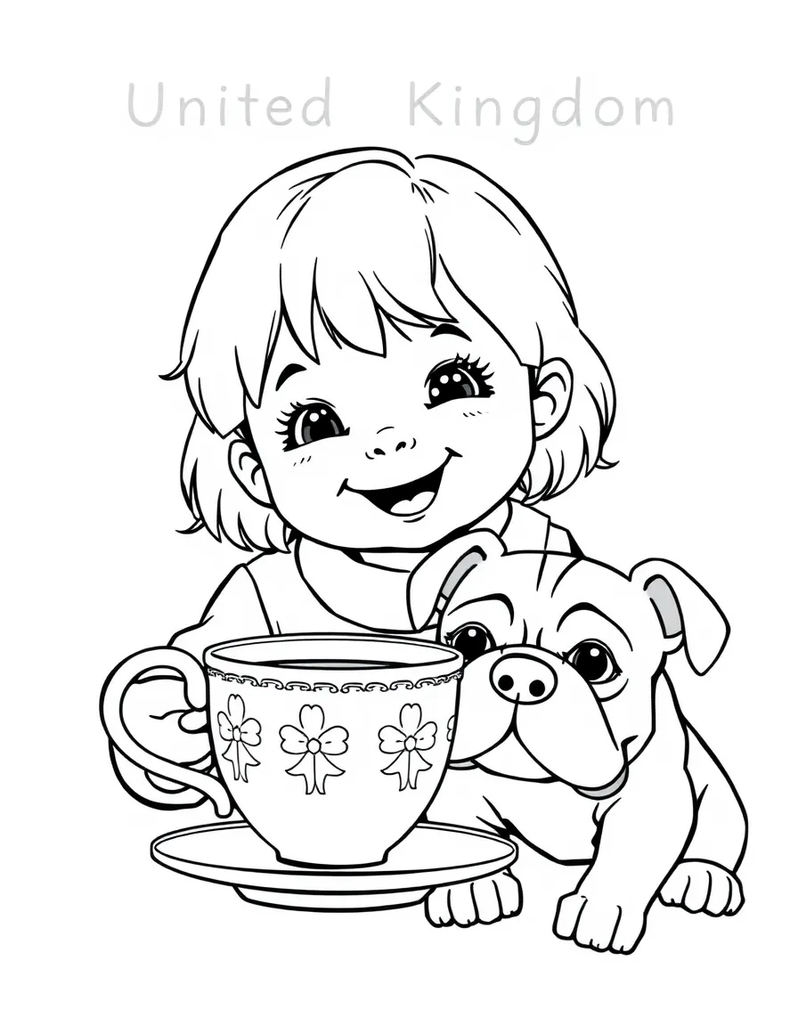 A smiling child with a teacup and a friendly bulldog for United Kingdom.