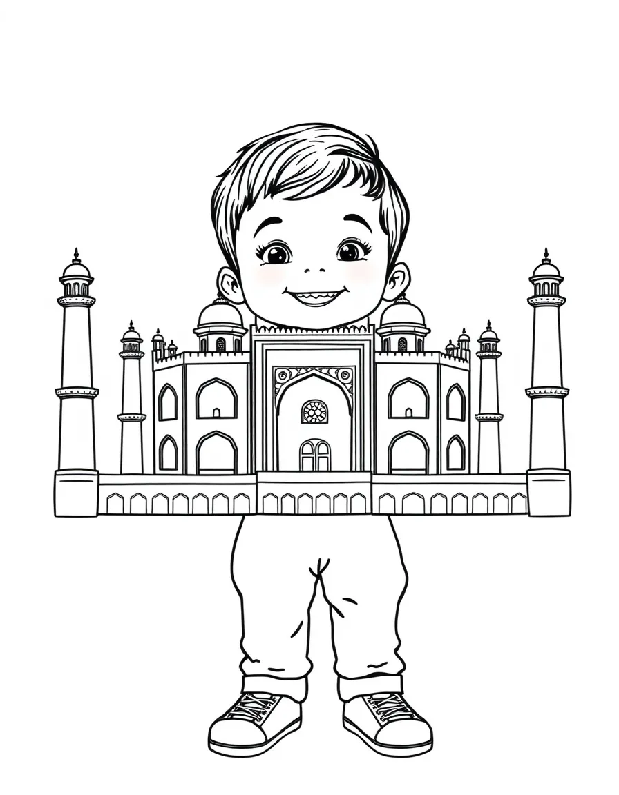 A happy child with a Taj Mahal drawing for India.