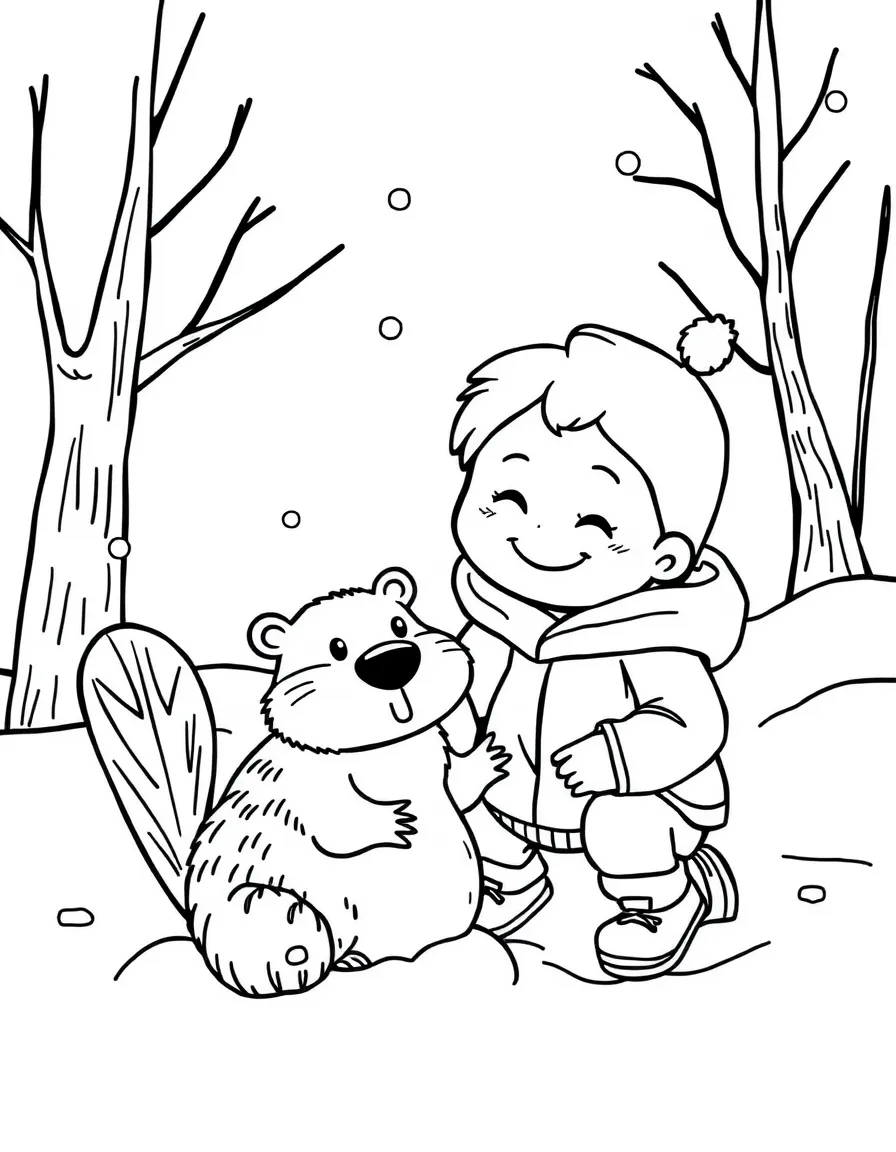 A cheerful child playing in the snow with a beaver for Canada.
