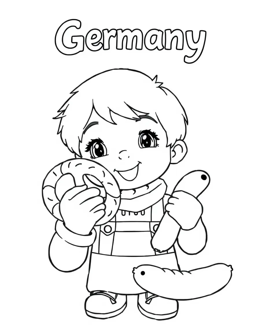 A child enjoying a pretzel and a sausage for Germany.