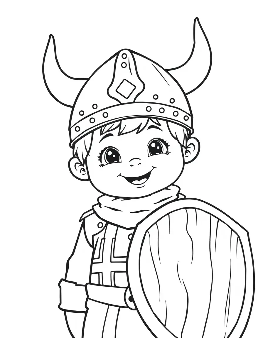 A smiling child with a Viking helmet and a shield for Norway.