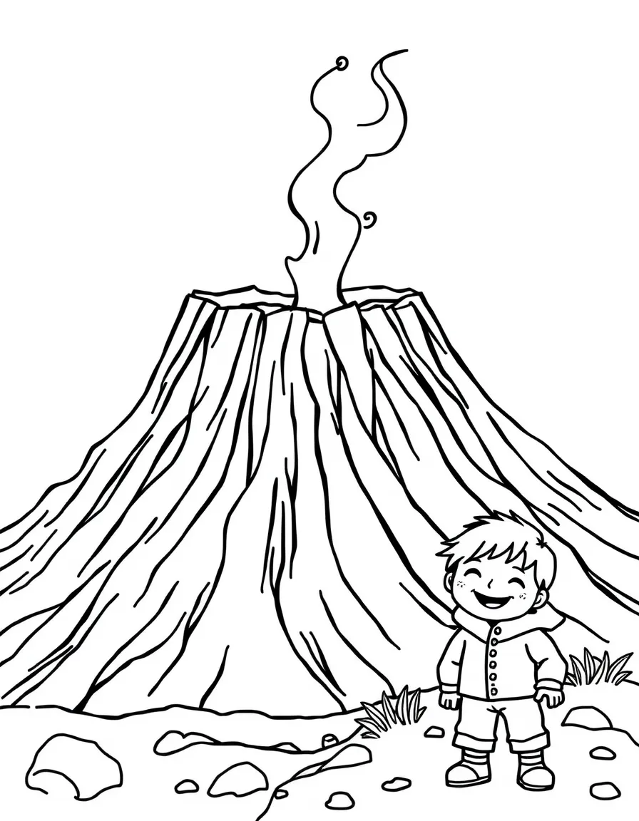 A smiling child near a volcano with steam coming out for Iceland.