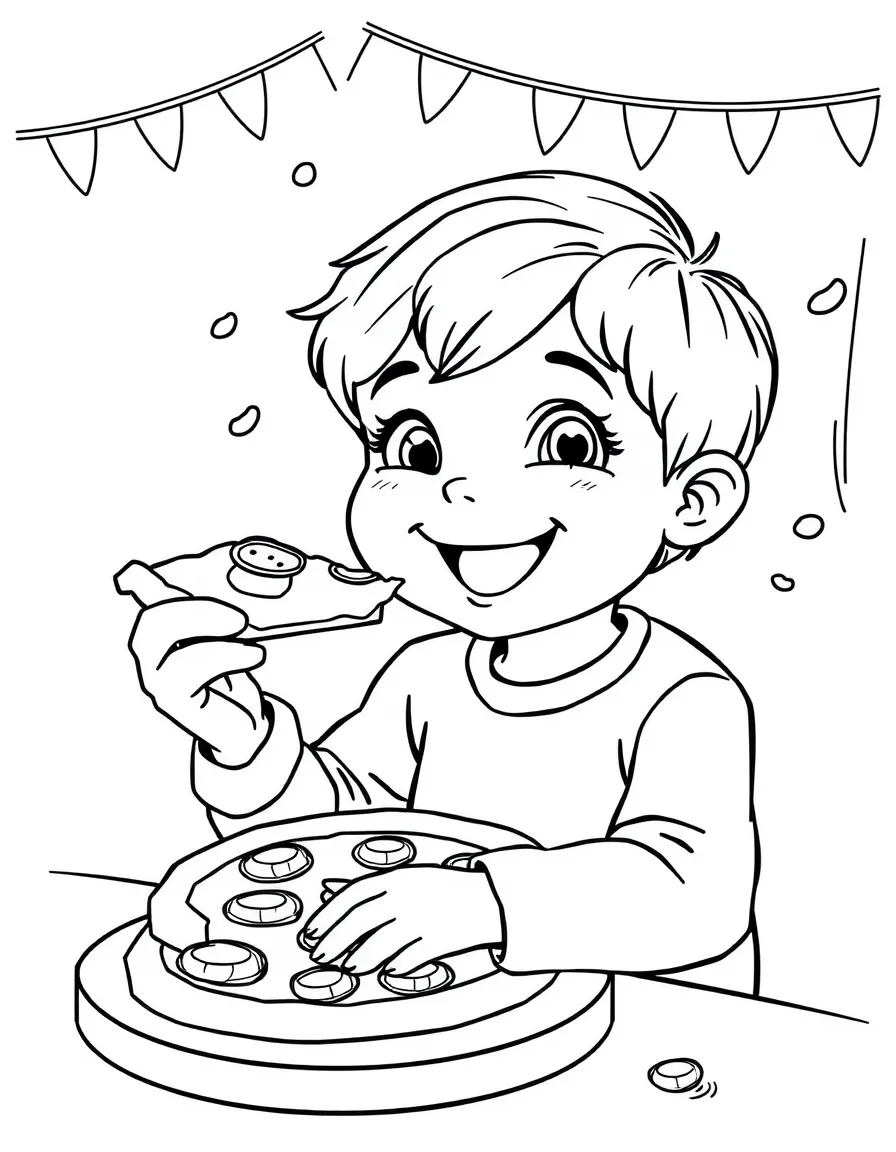 A happy child eating pizza for Italy.
