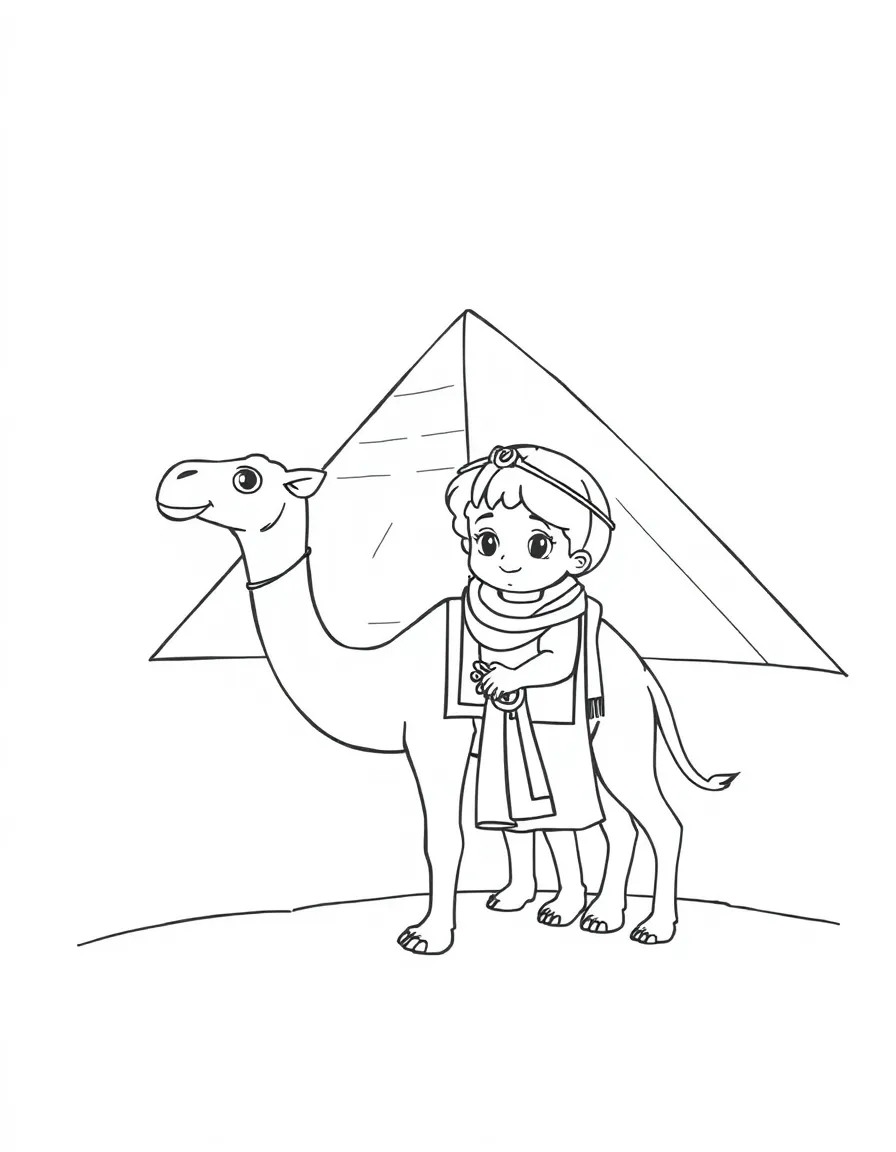A child with a camel and a pyramid for Egypt.
