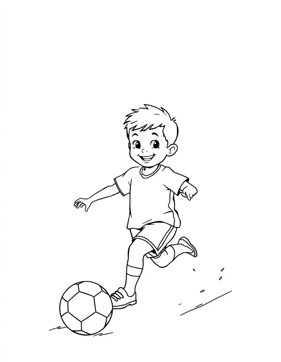 A smiling child playing soccer on the beach for Brazil.