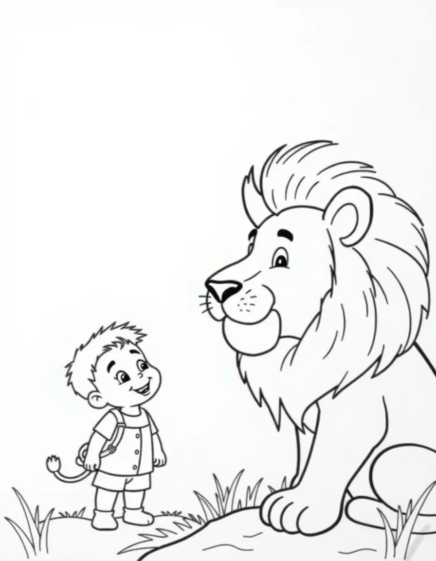 A cheerful child on a safari looking at a lion for Kenya.