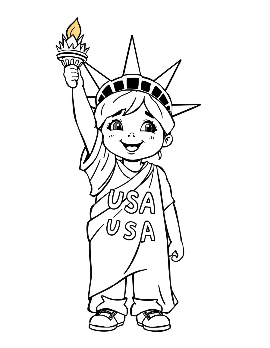 A cheerful child with a Statue of Liberty costume for USA.