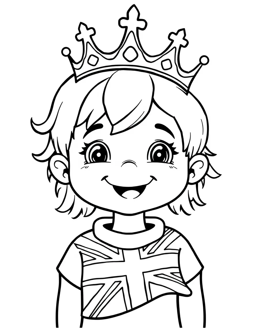 A smiling child with a crown and a British flag for United Kingdom.